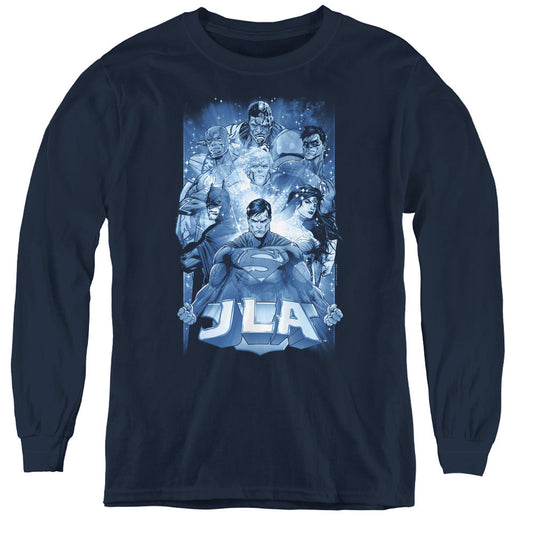 Justice League Burst Long Sleeve Kids Youth T Shirt Navy Blue Blue Officially Licensed