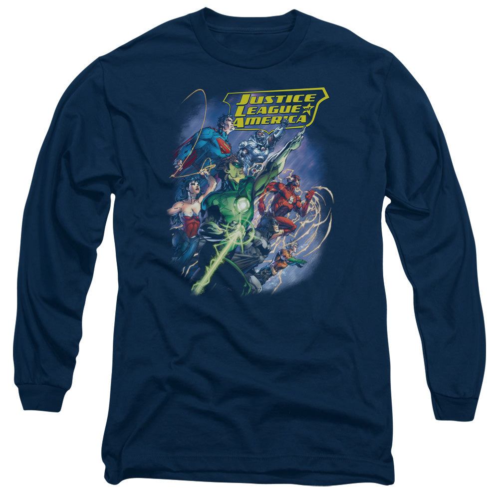 Justice League Onward Mens Long Sleeve Shirt Navy Blue Blue Officially Licensed