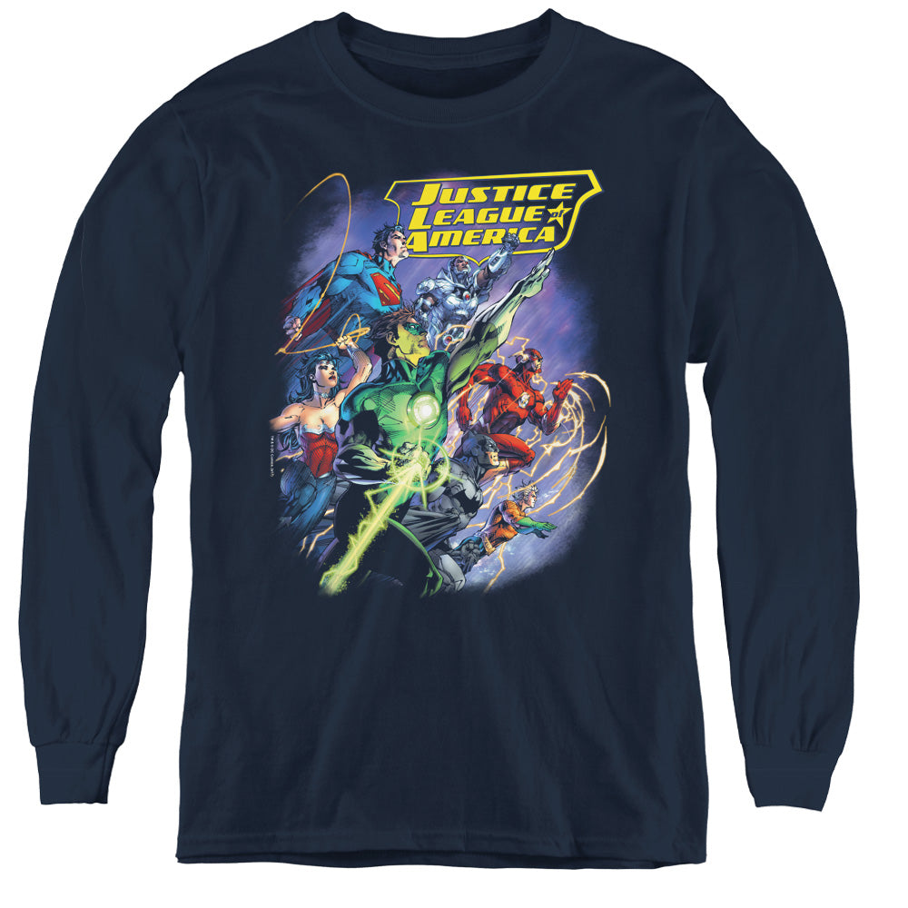 Justice League Onward Long Sleeve Kids Youth T Shirt Navy Blue Blue Officially Licensed