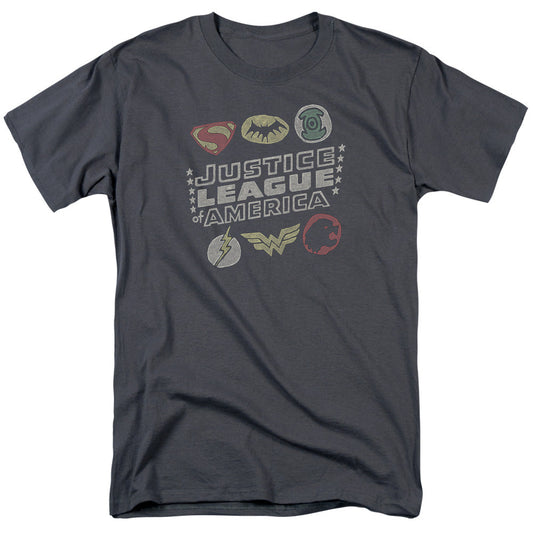 Justice League Of America Symbols Mens T Shirt Charcoal Officially Licensed