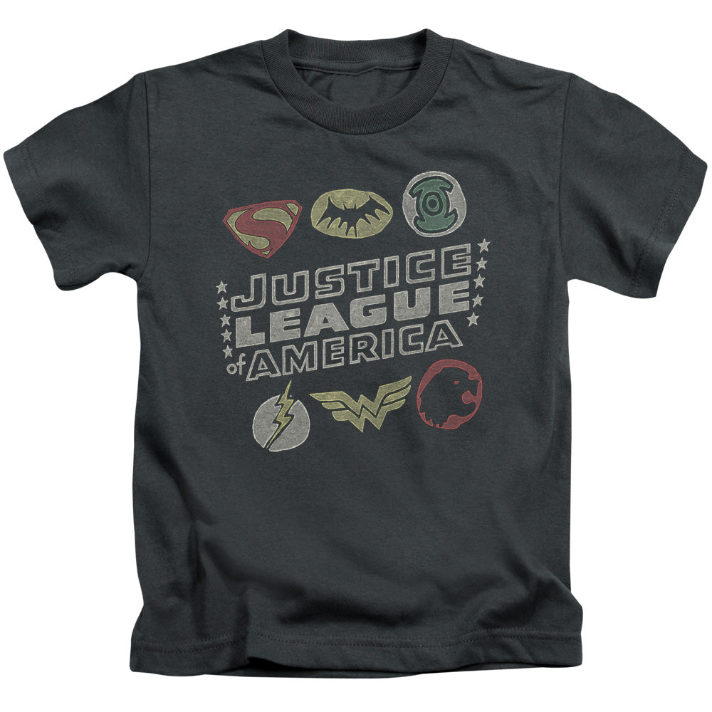 Justice League Symbols Juvenile Kids Youth T Shirt Charcoal Officially Licensed