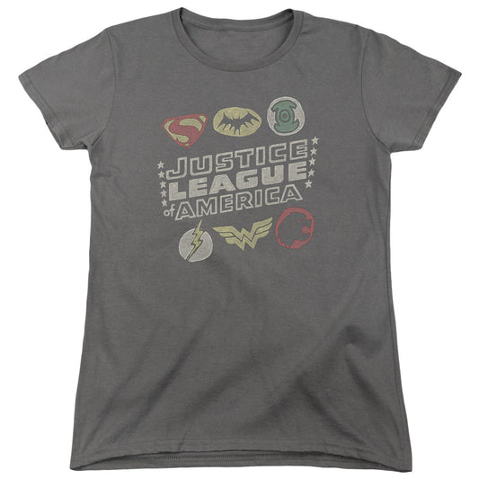Justice League Symbols Womens T Shirt Charcoal Officially Licensed