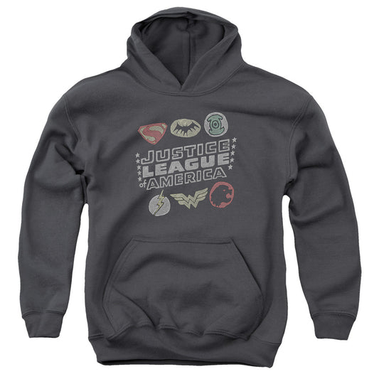 Justice League Symbols Kids Youth Hoodie Charcoal Officially Licensed