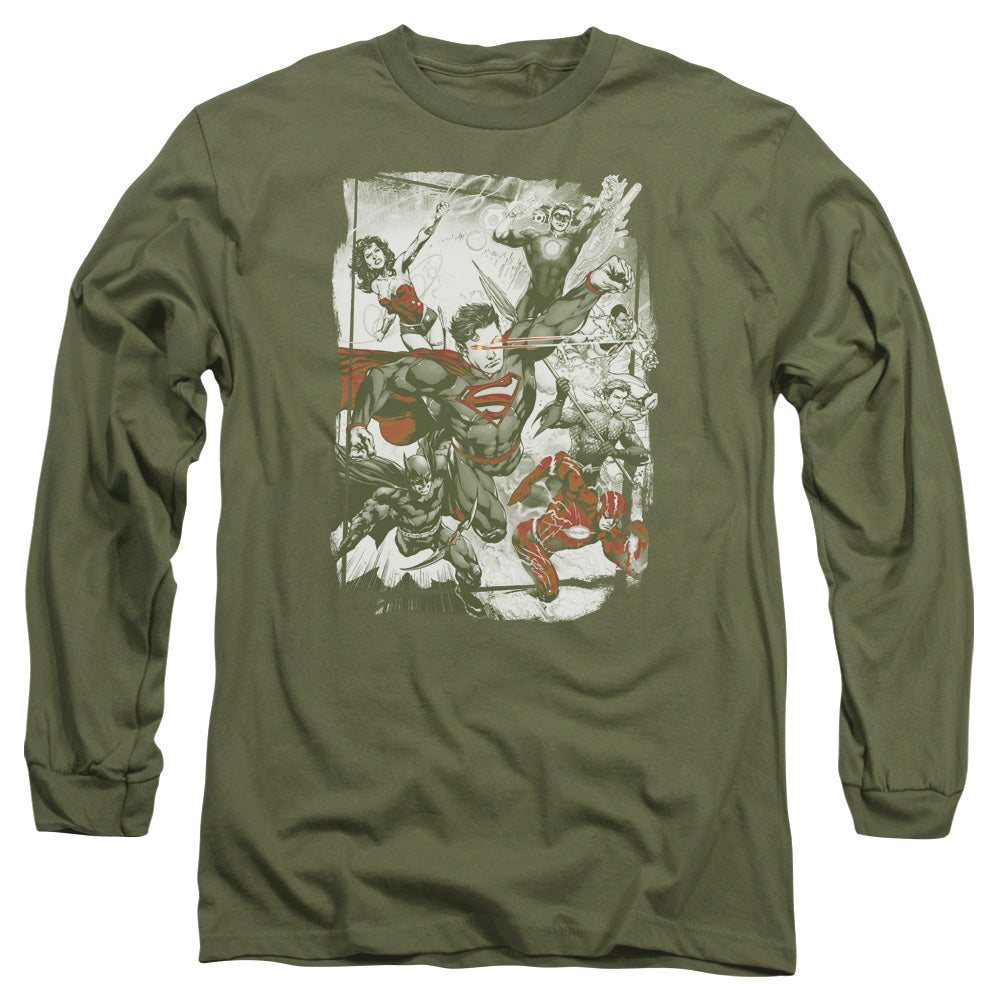 Justice League Green and Red Mens Long Sleeve Shirt Military Green Officially Licensed