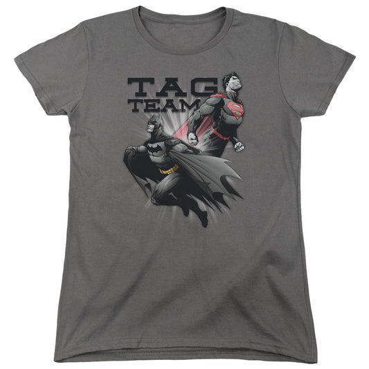 Justice League Tag Team Womens T Shirt Charcoal Officially Licensed