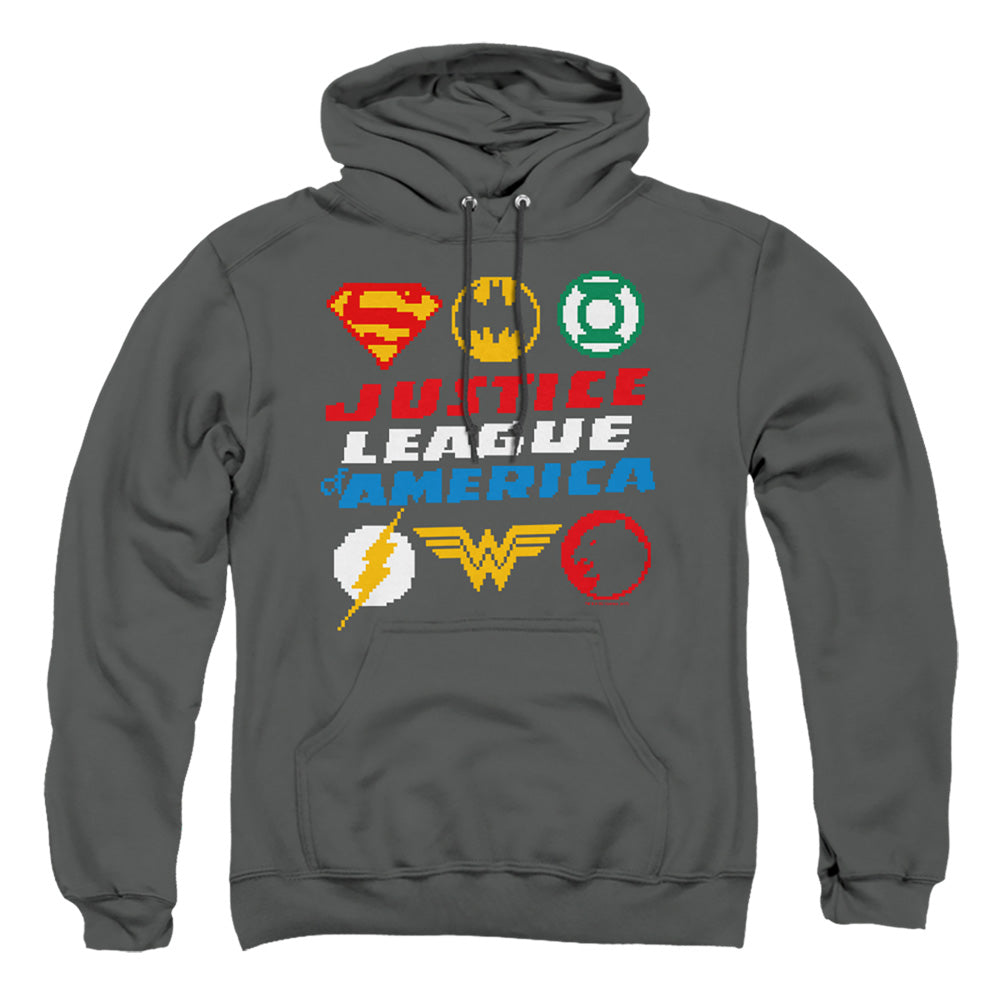 Justice League Of America Pixel Logos Mens Hoodie Charcoal Officially Licensed