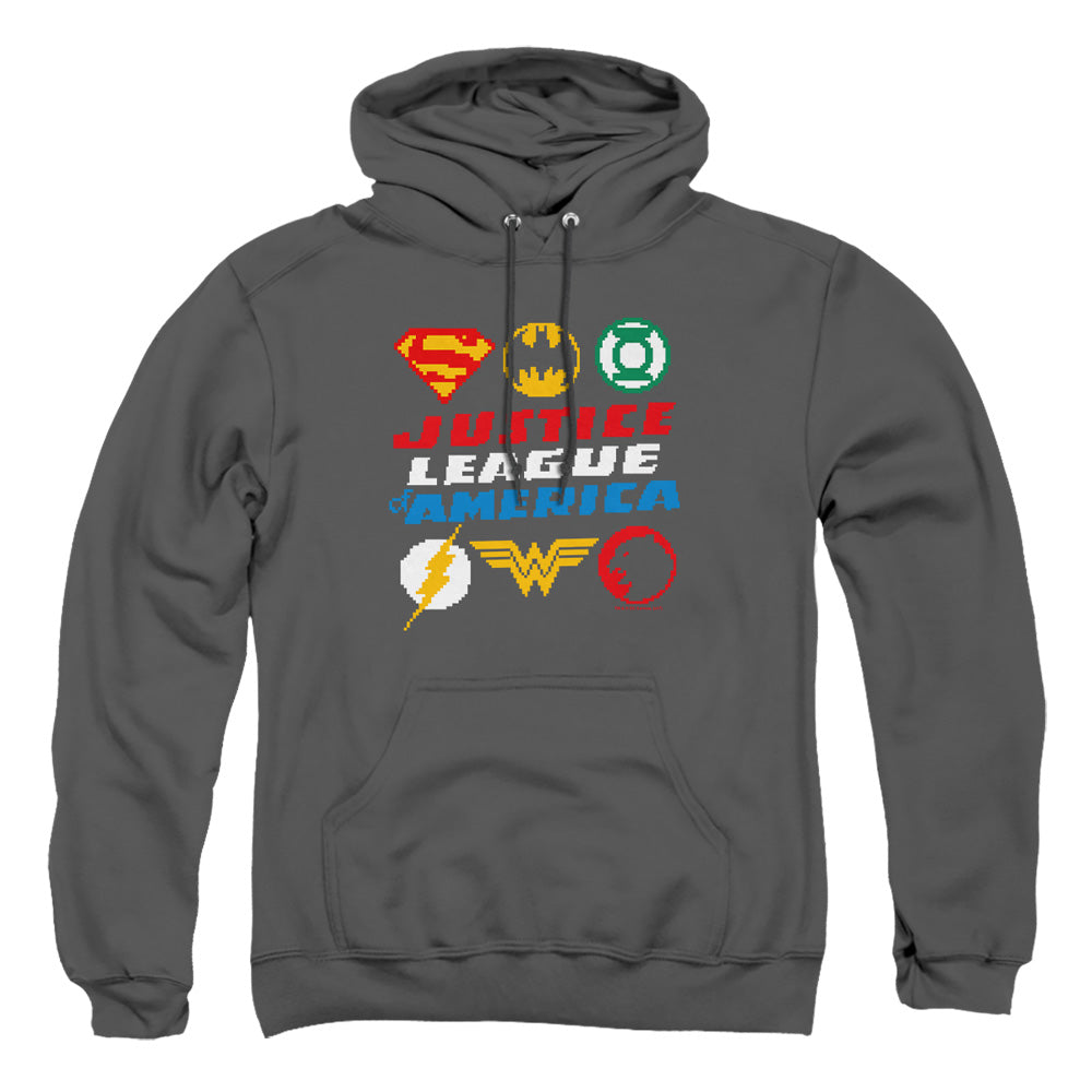 Justice League Of America Pixel Logos Mens Hoodie Charcoal Officially Licensed
