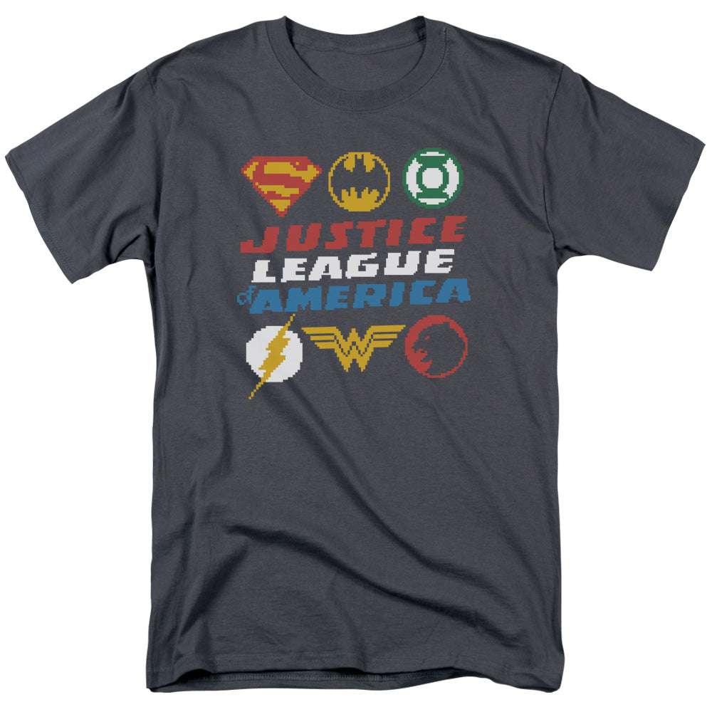 Justice League Of America Pixel Logos Mens T Shirt Charcoal Officially Licensed