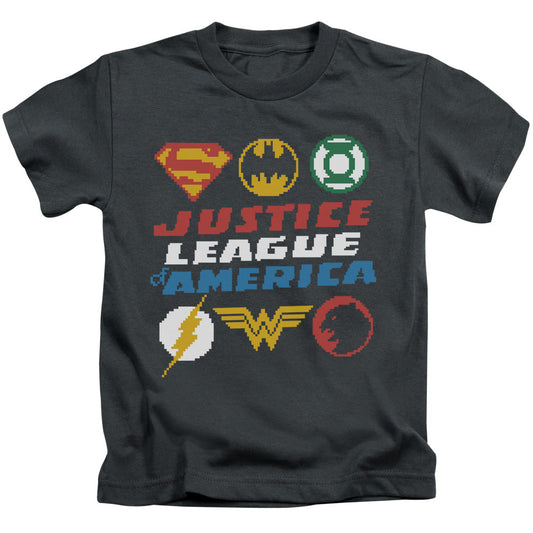 Justice League Pixel Logos Juvenile Kids Youth T Shirt Charcoal Officially Licensed