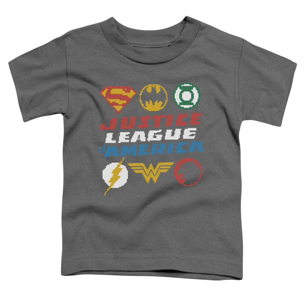 Justice League Pixel Logos Toddler Kids Youth T Shirt Charcoal Officially Licensed