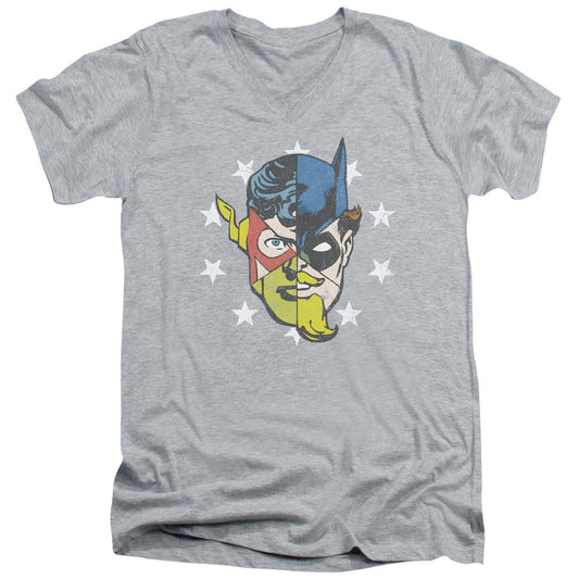 Justice League Face Off Mens Slim Fit V-Neck T Shirt Athletic Heather Officially Licensed