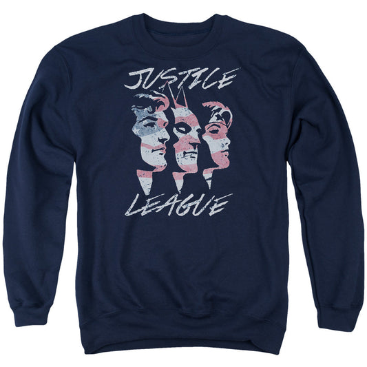 Justice League Justice for America Mens Crewneck Sweatshirt Navy Blue Blue Officially Licensed