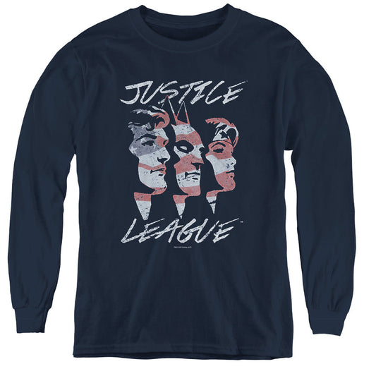 Justice League Justice for America Long Sleeve Kids Youth T Shirt Navy Blue Blue Officially Licensed
