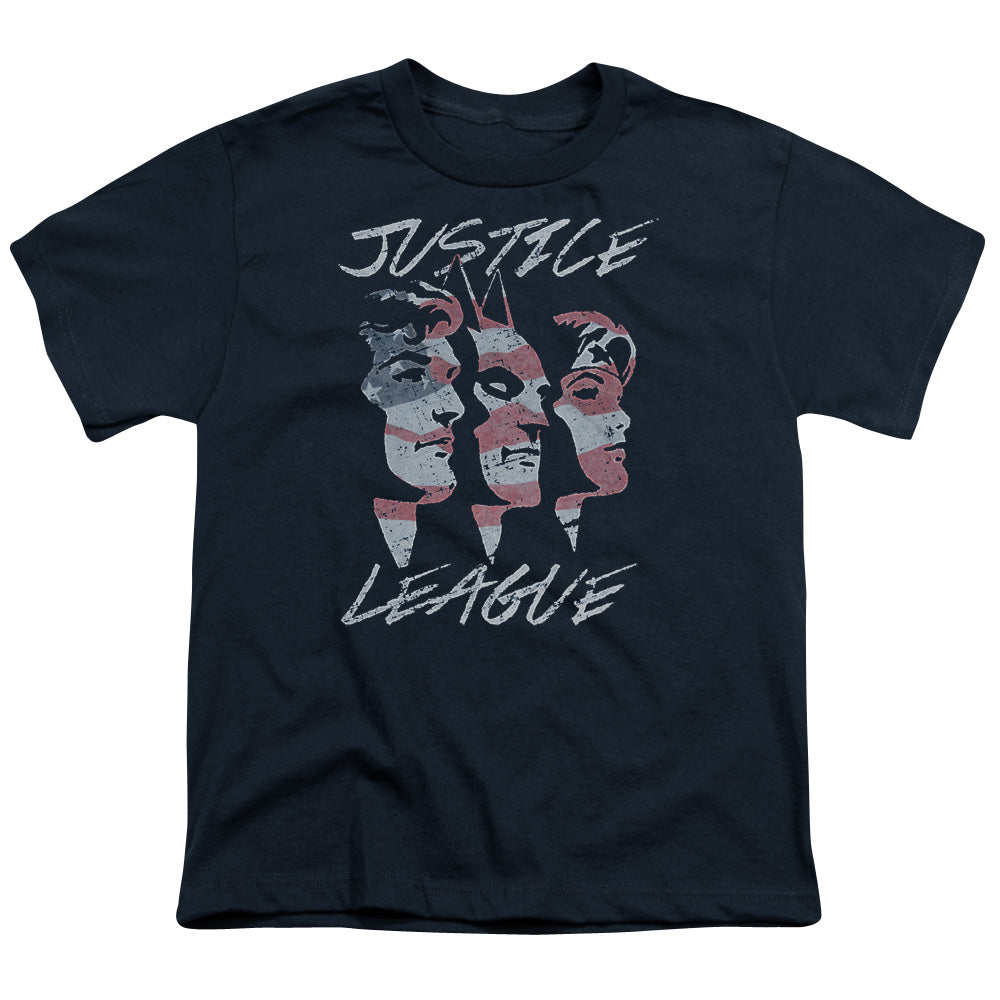 Justice League Justice for America Kids Youth T Shirt Navy Blue Blue Officially Licensed