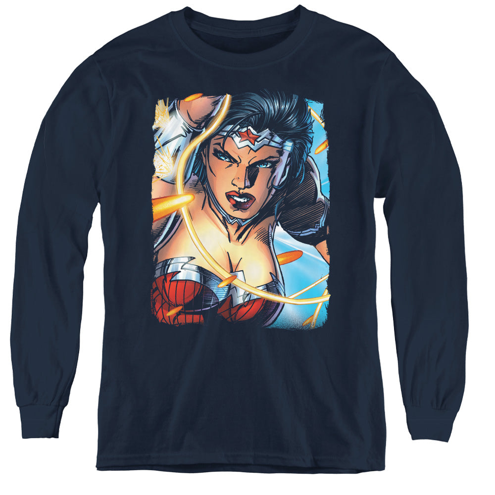 Justice League Scowl Long Sleeve Kids Youth T Shirt Navy Blue Blue Officially Licensed