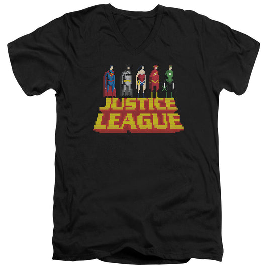 Justice League Standing Above Mens Slim Fit V-Neck T Shirt Black Officially Licensed