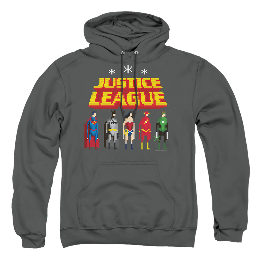 Justice League Of America Standing Below Mens Hoodie Charcoal Officially Licensed