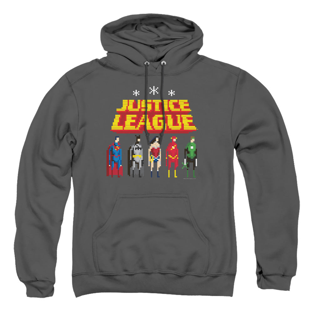 Justice League Of America Standing Below Mens Hoodie Charcoal Officially Licensed