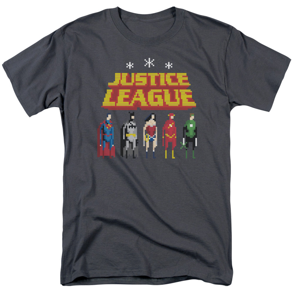 Justice League Of America Standing Below Mens T Shirt Charcoal Officially Licensed