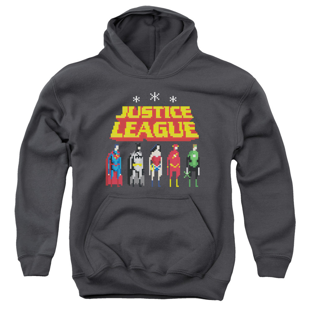 Justice League Standing Below Kids Youth Hoodie Charcoal Officially Licensed