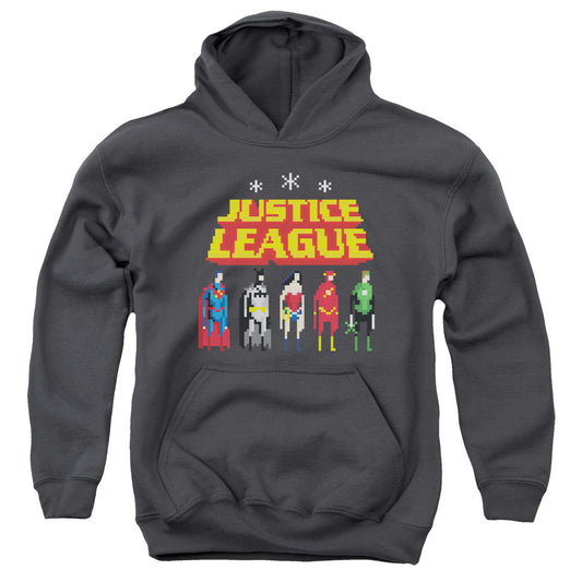 Justice League Standing Below Kids Youth Hoodie Charcoal Officially Licensed