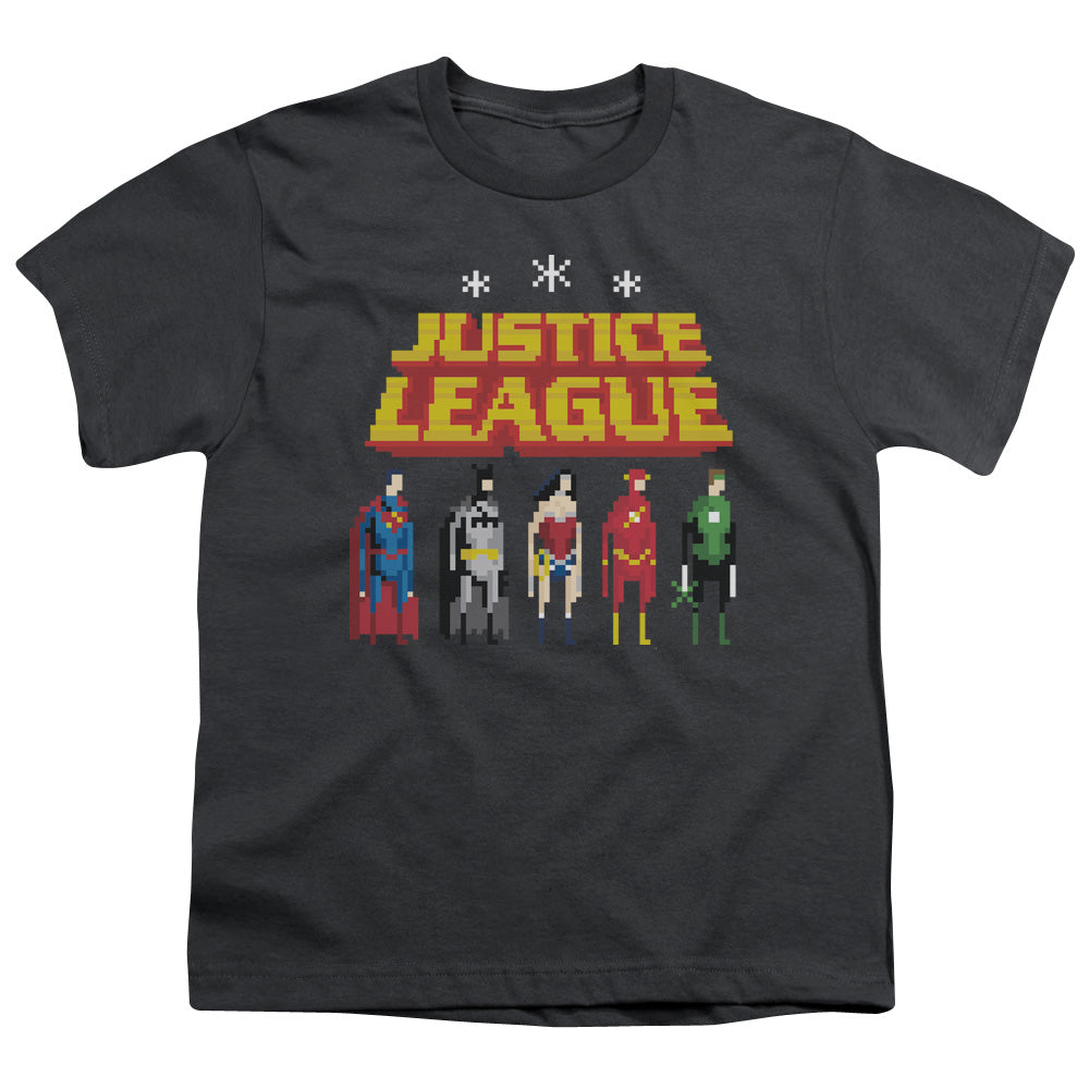 Justice League Standing Below Kids Youth T Shirt Charcoal Officially Licensed