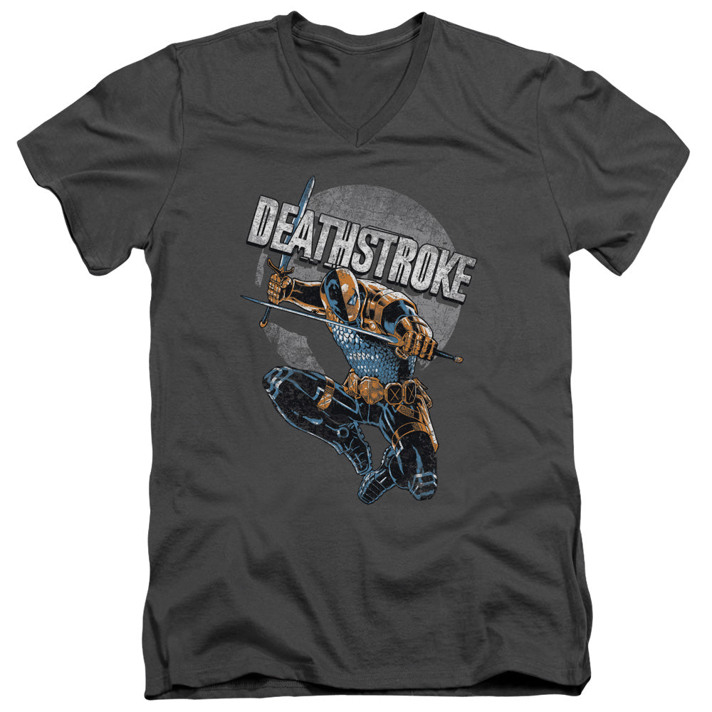 Justice League Deathstroke Retro Mens Slim Fit V-Neck T Shirt Charcoal Officially Licensed