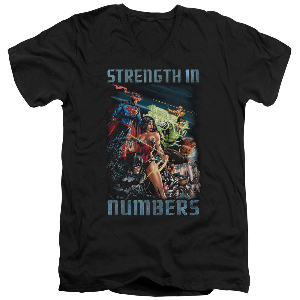 Justice League Strength in Number Mens Slim Fit V-Neck T Shirt Black Officially Licensed