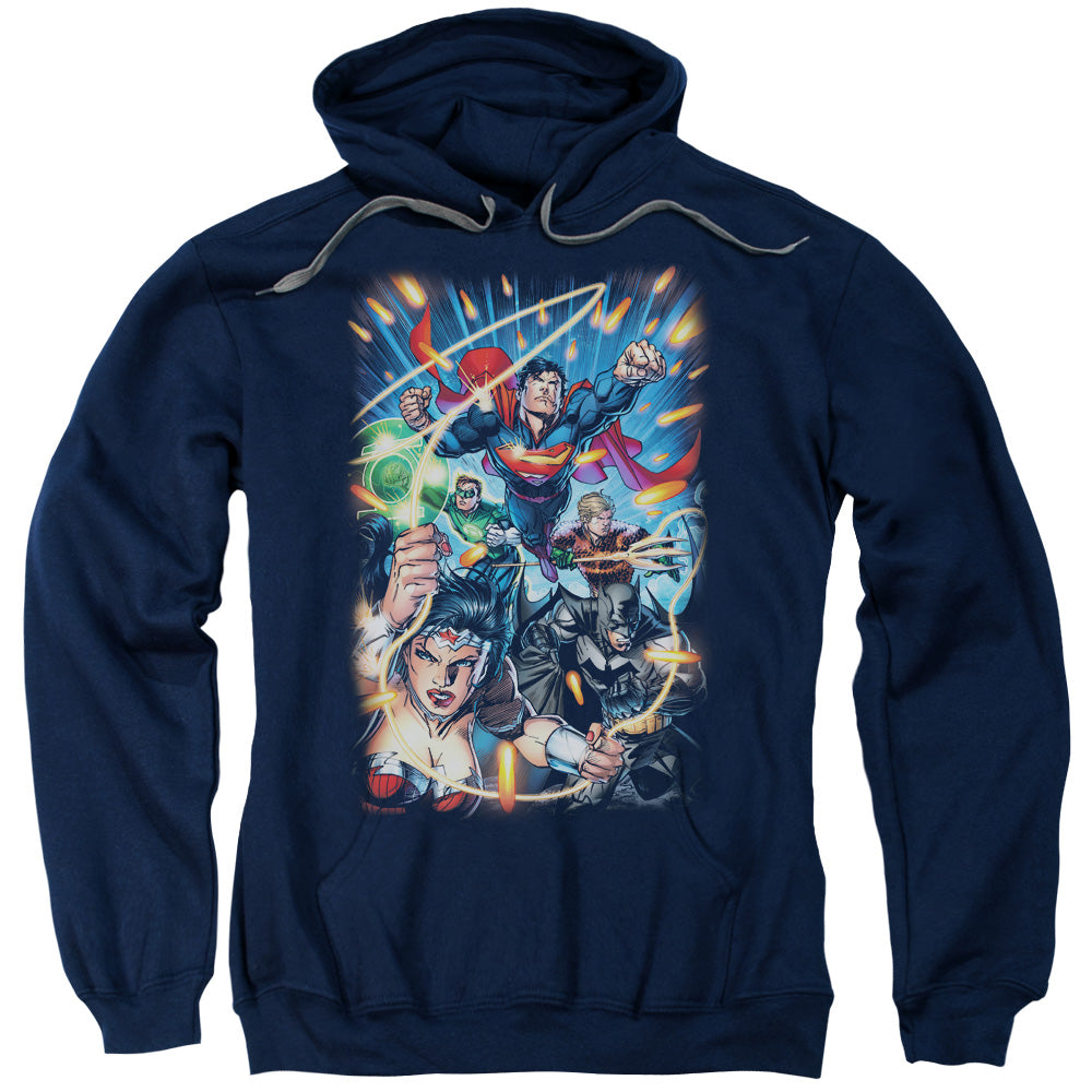 Justice League Under Attack Mens Hoodie Navy Blue Blue Officially Licensed
