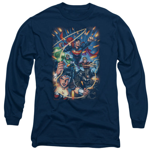 Justice League Under Attack Mens Long Sleeve Shirt Navy Blue Blue Officially Licensed