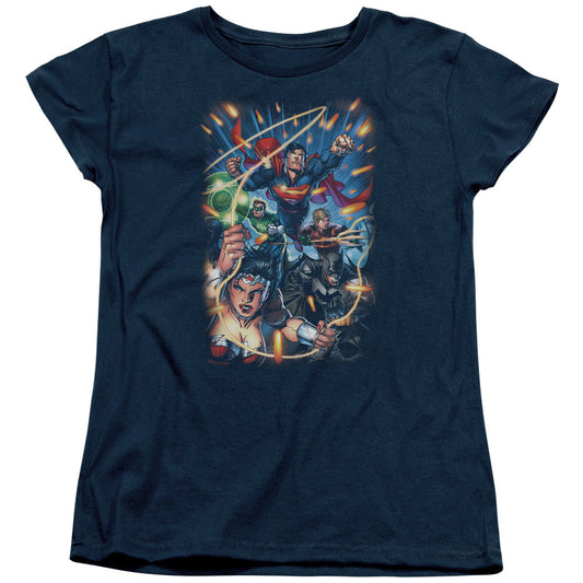 Justice League Under Attack Womens T Shirt Navy Blue Blue Officially Licensed