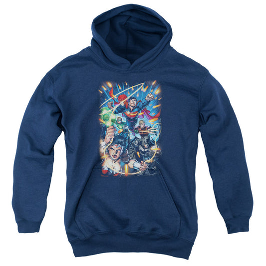 Justice League Under Attack Kids Youth Hoodie Navy Blue Blue Officially Licensed