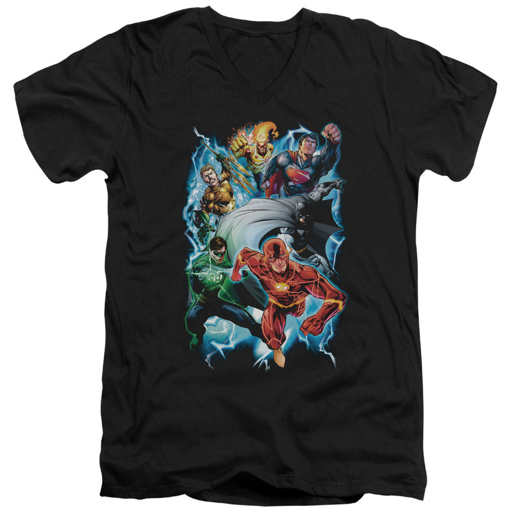 Justice League Electric Team Mens Slim Fit V-Neck T Shirt Black Officially Licensed