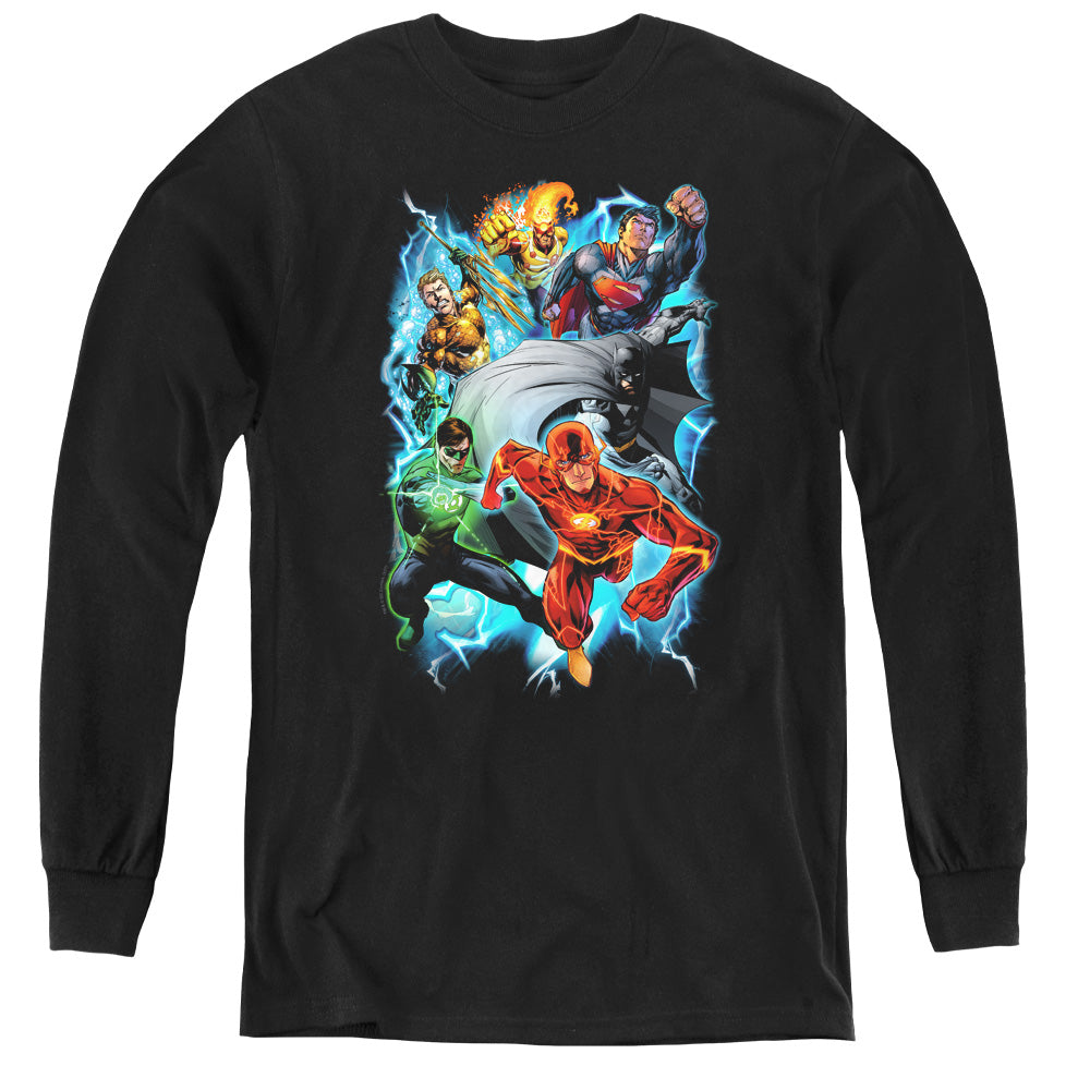 Justice League Electric Team Long Sleeve Kids Youth T Shirt Black Officially Licensed
