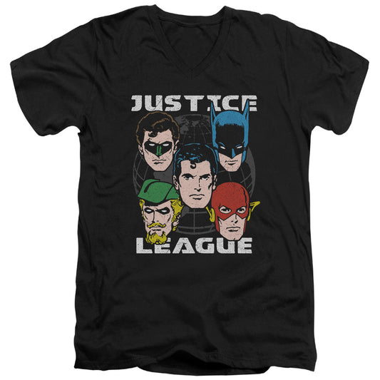 Justice League Head of States Mens Slim Fit V-Neck T Shirt Black Officially Licensed
