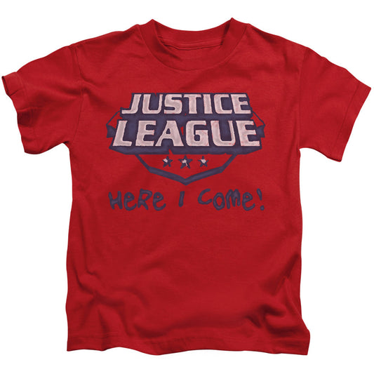 Justice League Here I Come Juvenile Kids Youth T Shirt Red Officially Licensed
