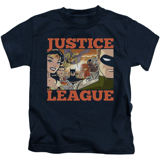 Justice League New Dawn Group Juvenile Kids Youth T Shirt Navy Blue Blue Officially Licensed