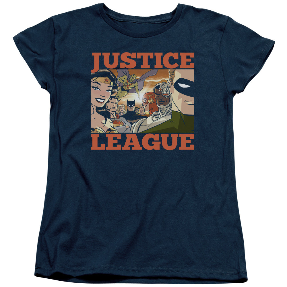 Justice League New Dawn Group Womens T Shirt Navy Blue Blue Officially Licensed