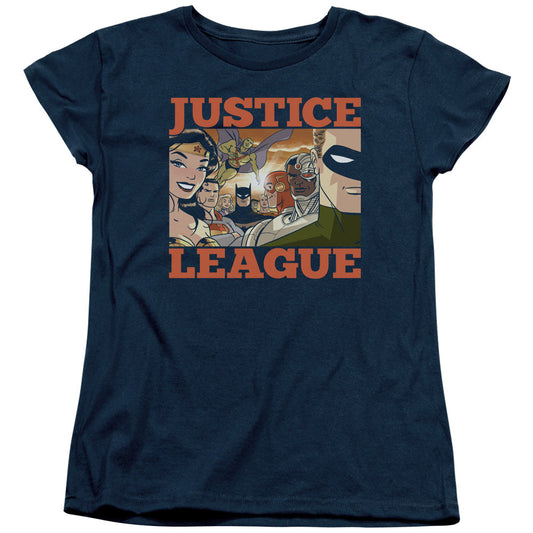 Justice League New Dawn Group Womens T Shirt Navy Blue Blue Officially Licensed