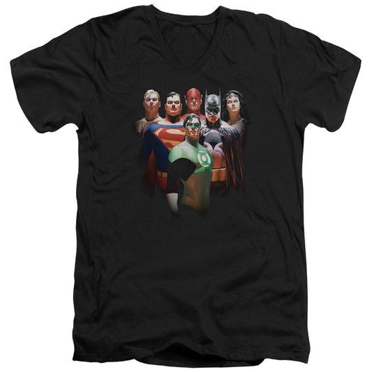 Justice League Roll Call Mens Slim Fit V-Neck T Shirt Black Officially Licensed