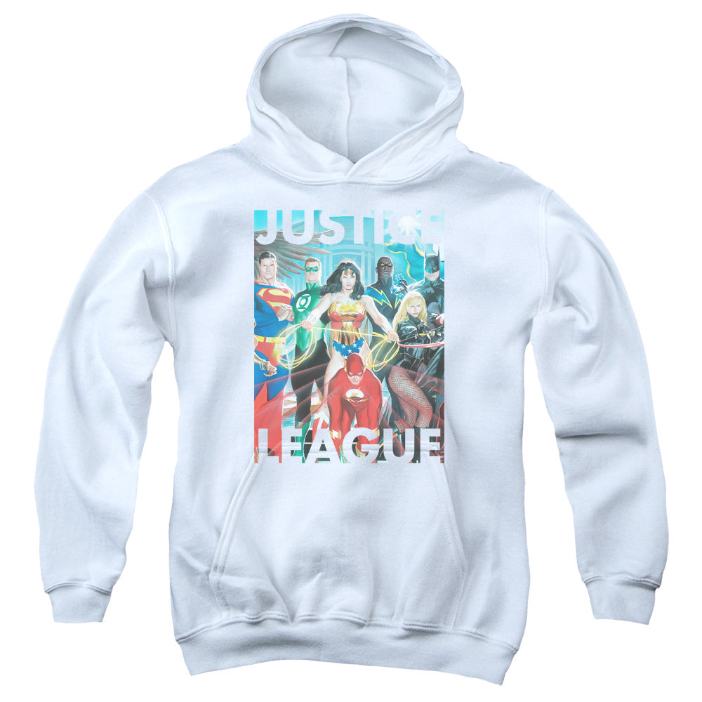 Justice League Hall of Justice Kids Youth Hoodie White Officially Licensed