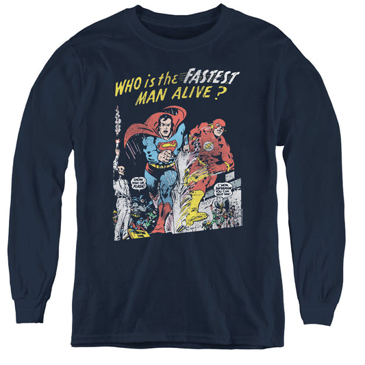 Justice League Fastest Man Long Sleeve Kids Youth T Shirt Navy Blue Blue Officially Licensed