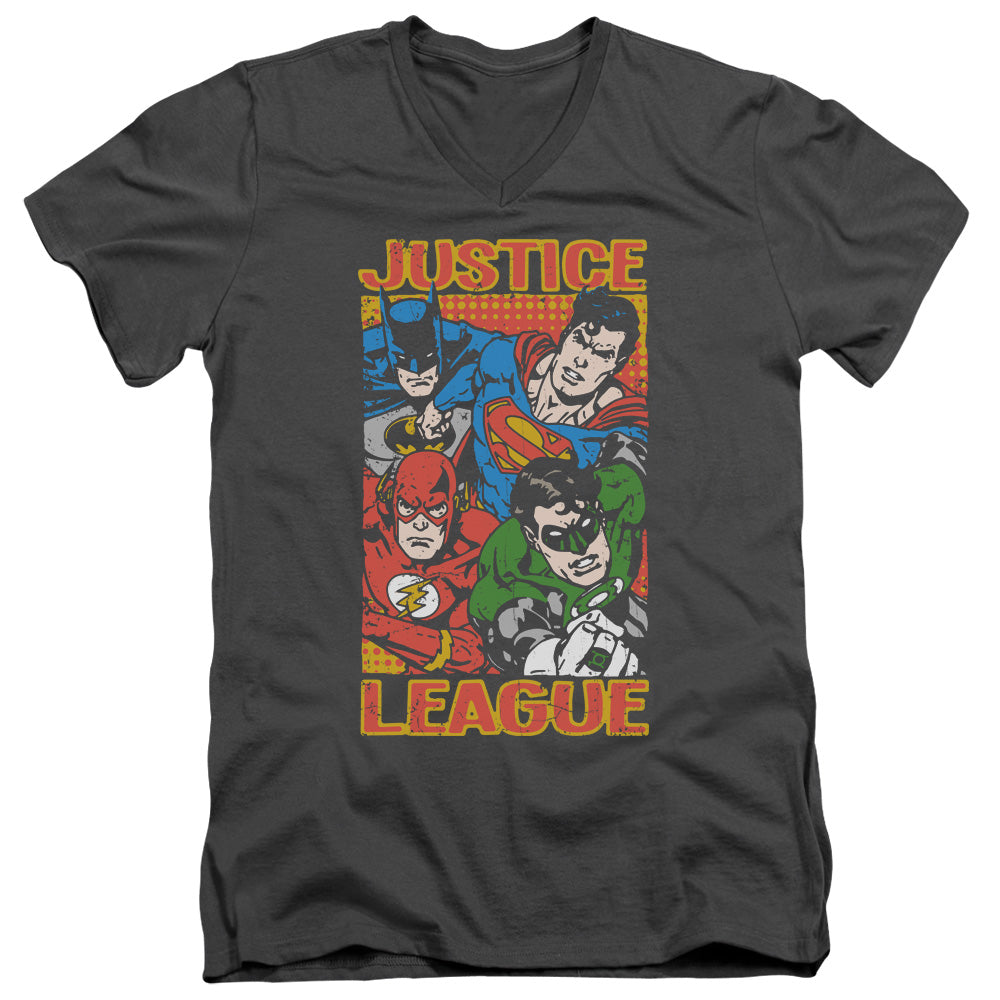 Justice League Hero Mashup Mens Slim Fit V-Neck T Shirt Charcoal Officially Licensed