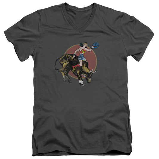 Justice League Bull Rider Mens Slim Fit V-Neck T Shirt Charcoal Officially Licensed