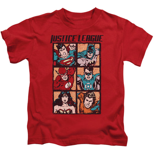 Justice League Rough Panels Juvenile Kids Youth T Shirt Red Officially Licensed