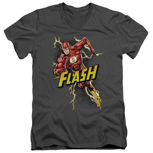 Justice League Bolt Run Mens Slim Fit V-Neck T Shirt Charcoal Officially Licensed