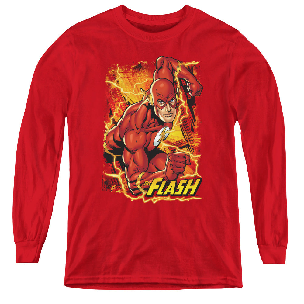 Justice League Flash Lightning Long Sleeve Kids Youth T Shirt Red Officially Licensed