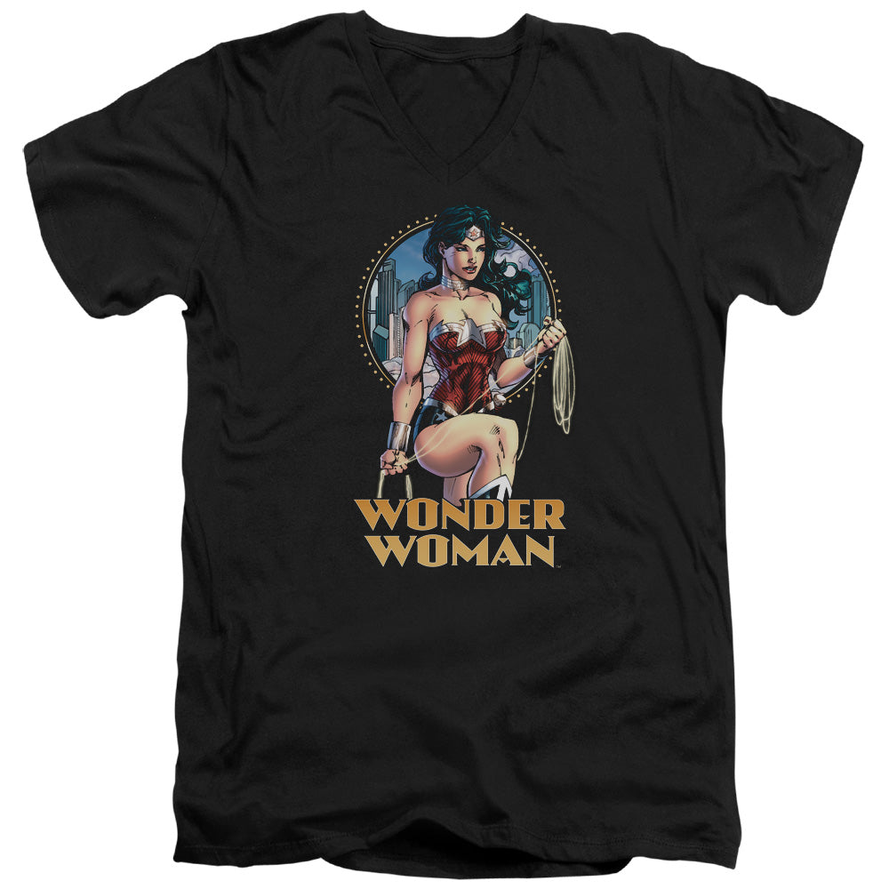 Justice League City Warrior Mens Slim Fit V-Neck T Shirt Black Officially Licensed