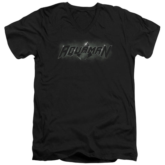 Justice League Aquaman Title Mens Slim Fit V-Neck T Shirt Black Officially Licensed