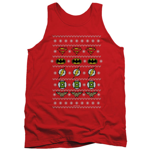 Justice League Justice Shields Christmas Sweater Mens Tank Top Shirt Red Officially Licensed